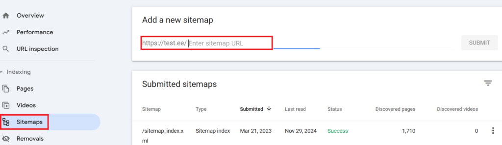 Sitemap faili lisamine Google Search Console's